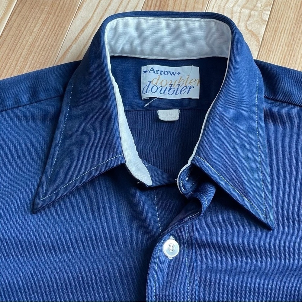 Arrow Doubler Short Sleeve Men's Button Up Shirt Navy Blue Dagger Collar sz 15.5 - Picture 4 of 16
